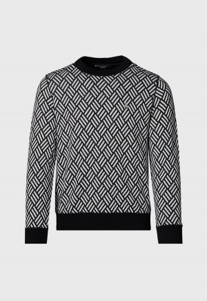 Black Paul Stuart Parquet Pattern Jacquard Crewneck | UK_PAUL18963