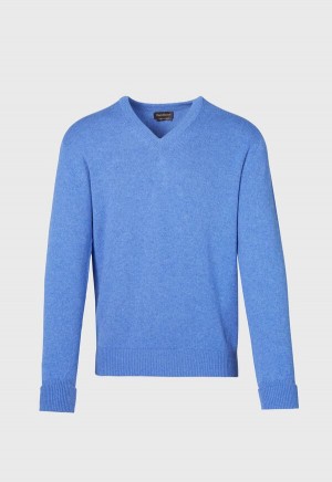 Blue Paul Stuart Classic Cashmere Double Ply V-Neck | UK_PAUL92373