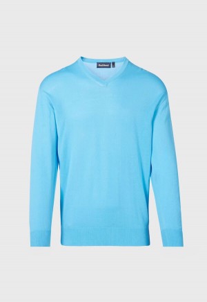 Blue Paul Stuart Fine Gauge Cotton V-Neck | UK_PAUL14854