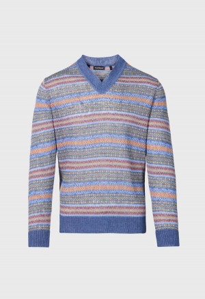 Blue Paul Stuart Linen Fair Isle V-neck | UK_PAUL83491