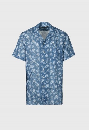 Blue Paul Stuart Linen Leaf Print Camp | UK_PAUL77058