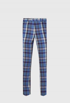 Blue Paul Stuart Linen Plaid Plain Front | UK_PAUL99461