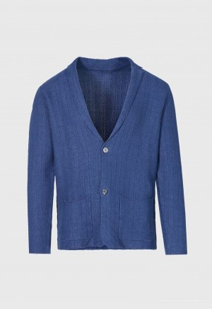 Blue Paul Stuart Linen & Cotton Chevron Cardigan | UK_PAUL86570