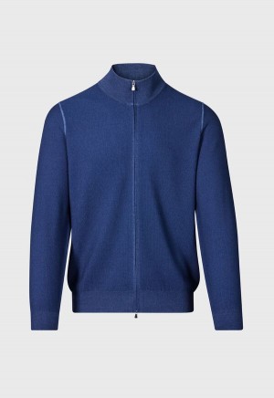 Blue Paul Stuart Merino Wool Rice Stitch Zip Cardigan | UK_PAUL88275