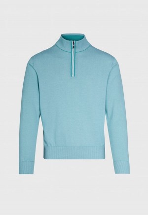 Blue Paul Stuart Pima Cotton Micro Stripe Quarter Zip Pullover | UK_PAUL90515