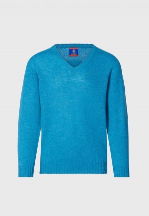 Blue Paul Stuart Shetland Wool V-Neck | UK_PAUL49390