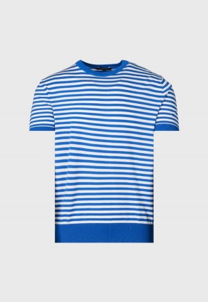 Blue / White Paul Stuart Stripe Knit Short Sleeve Crewneck | UK_PAUL17432