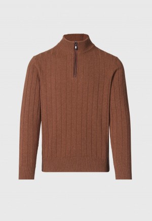 Brown Paul Stuart Ribbed Quarter Zip with Suede | UK_PAUL41681