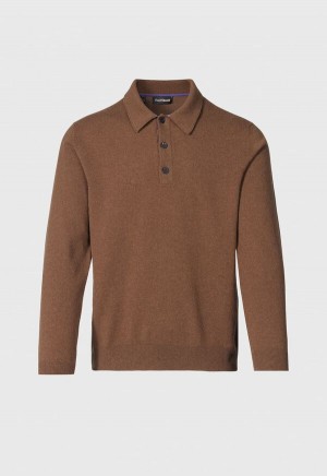 Brown / Lavender Paul Stuart Cashmere Long Sleeve Polo with Suede | UK_PAUL68695