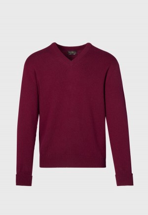 Burgundy Paul Stuart Classic Cashmere Double Ply V-Neck | UK_PAUL42905