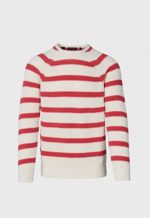 Coral / Cream Paul Stuart Striped Cotton Crewneck | UK_PAUL69435