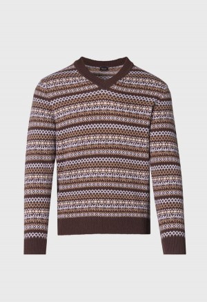 Dark Brown Paul Stuart Wool & Cashmere Fair Isle V-Neck | UK_PAUL45065