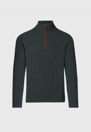 Dark Green Paul Stuart Ribbed Quarter Zip with Suede | UK_PAUL86099