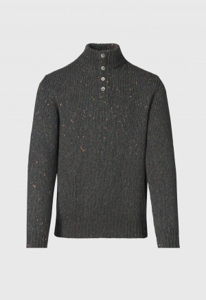 Dark Olive Paul Stuart Wool & Cashmere Donegal Button Mock Neck | UK_PAUL74414