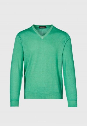 Green Paul Stuart Merino Wool Watercolor V-Neck | UK_PAUL29776