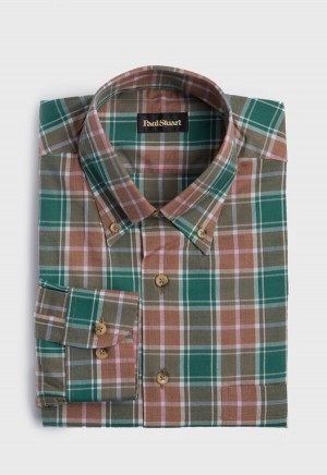 Green / Brown Paul Stuart Cotton Lightweight Flannel Plaid | UK_PAUL56556