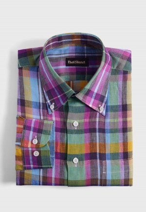 Green / Pink Paul Stuart Linen Multicolor Plaid | UK_PAUL81004