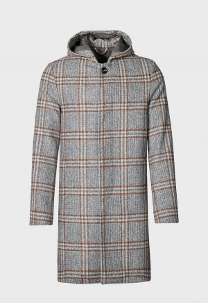 Grey Paul Stuart Hooded Plaid Coat | UK_PAUL77856