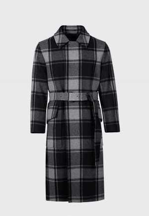 Grey / Black Paul Stuart Plaid Balmacaan Overcoat | UK_PAUL30295