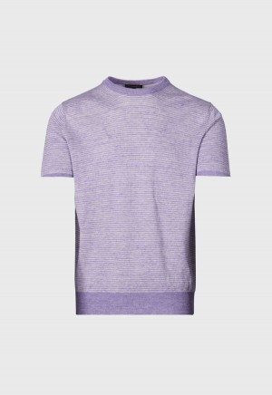 Lavender Paul Stuart Striped Short Sleeve Linen Crewneck | UK_PAUL36002