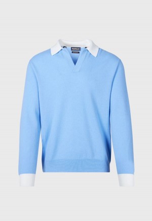 Light Blue Paul Stuart Cashmere Open Collar Polo | UK_PAUL96801