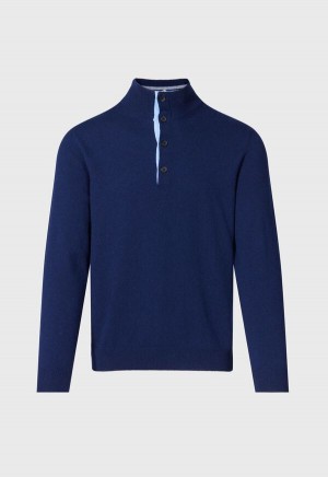 Navy Paul Stuart Cashmere Button Mock Neck | UK_PAUL36190