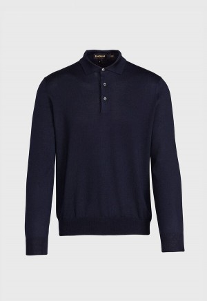 Navy Paul Stuart Long Sleeve Merino Wool Polo Shirt | UK_PAUL22682