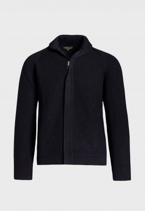 Navy Paul Stuart Merino Wool Ribbed Full Zip Cardigan | UK_PAUL71038