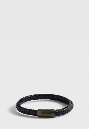 Navy Paul Stuart Navy Braided Leather Bracelet with Sterling Silver closure | UK_PAUL48672