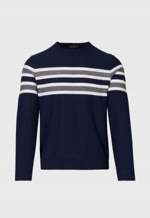 Navy Paul Stuart Stripe Crewneck | UK_PAUL44655