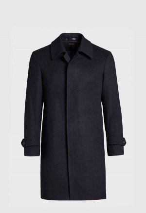 Navy Paul Stuart Super 180s Wool Raincoat | UK_PAUL86684