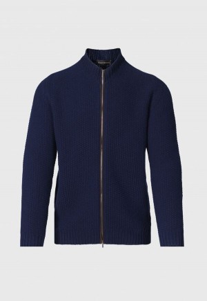 Navy Paul Stuart Textured Wool & Cashmere Full Zip Cardigan | UK_PAUL32716