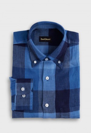 Navy / Blue Paul Stuart Linen Buffalo Check | UK_PAUL61509