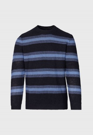 Navy / Light Blue Paul Stuart Linen Mélange Stripe Crewneck | UK_PAUL49696