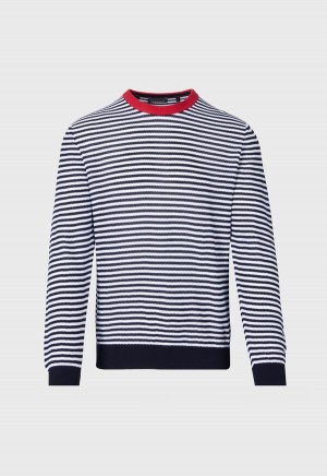 Navy / White Paul Stuart Cotton Striped Crewneck | UK_PAUL10126