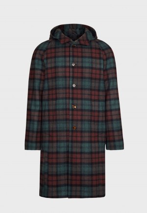 Olive / Multicolor Paul Stuart Tartan Plaid Wool Hooded Coat | UK_PAUL43599