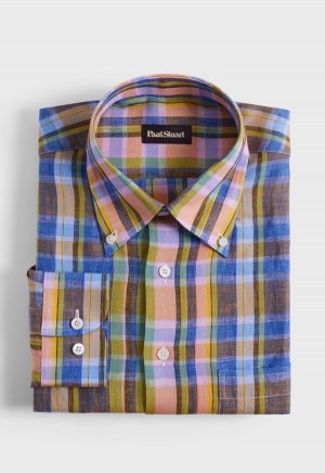 Orange / Green Paul Stuart Linen Plaid | UK_PAUL88276