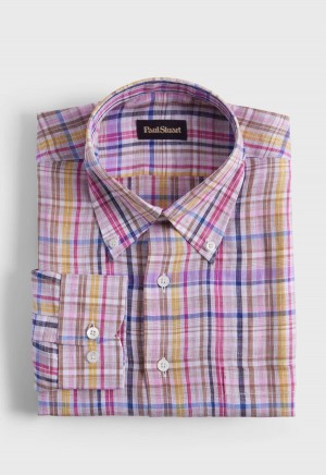 Pink / Purple Paul Stuart Linen Multicolor Plaid | UK_PAUL10002