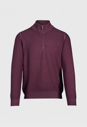 Purple Paul Stuart Merino Wool Rice Stitch Quarter Zip | UK_PAUL49015