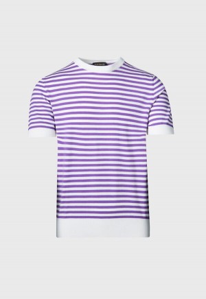 Purple / White Paul Stuart Stripe Knit Short Sleeve Crewneck | UK_PAUL55458