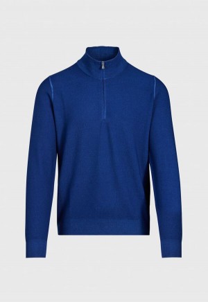 Royal Blue Paul Stuart Merino Wool Rice Stitch Quarter Zip | UK_PAUL96855