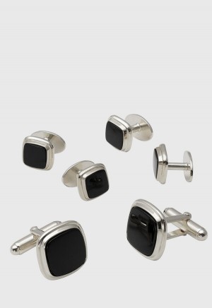 Silver Paul Stuart Black Onyx Square Cufflink Stud Set | UK_PAUL13346