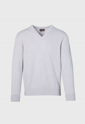 Silver Paul Stuart Classic Cashmere Double Ply V-Neck | UK_PAUL79052