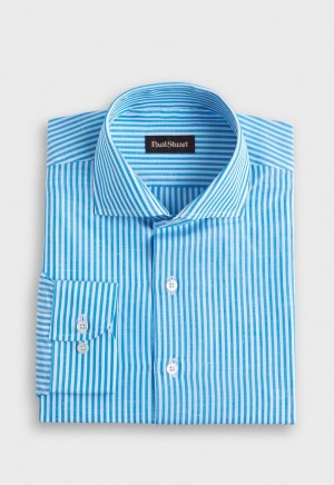 Turquoise Paul Stuart Bengal Stripe Cotton & Linen | UK_PAUL29056