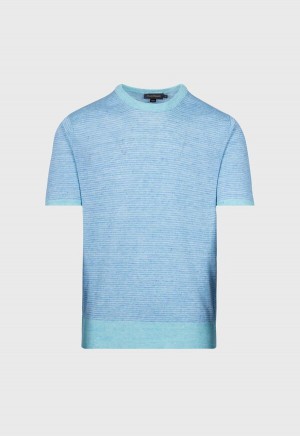 Turquoise Paul Stuart Striped Short Sleeve Linen Crewneck | UK_PAUL85661