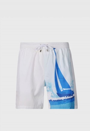 White / Blue Paul Stuart Sailboat Swim Trunk | UK_PAUL61572