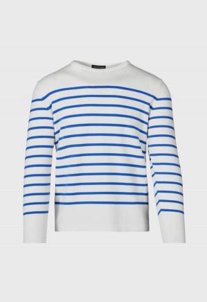 White / Blue Paul Stuart Striped Crewneck | UK_PAUL75932