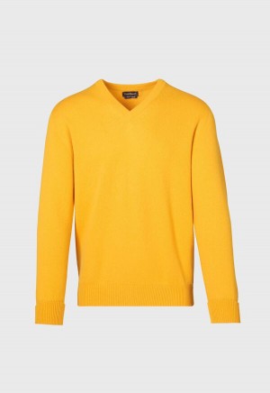 Yellow Paul Stuart Classic Cashmere Double Ply V-Neck | UK_PAUL84505