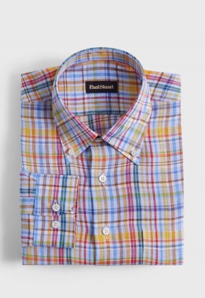 Yellow / Red Paul Stuart Linen Multicolor Plaid | UK_PAUL59353