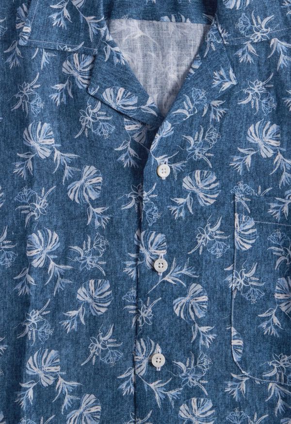 Blue Paul Stuart Linen Leaf Print Camp | UK_PAUL77058